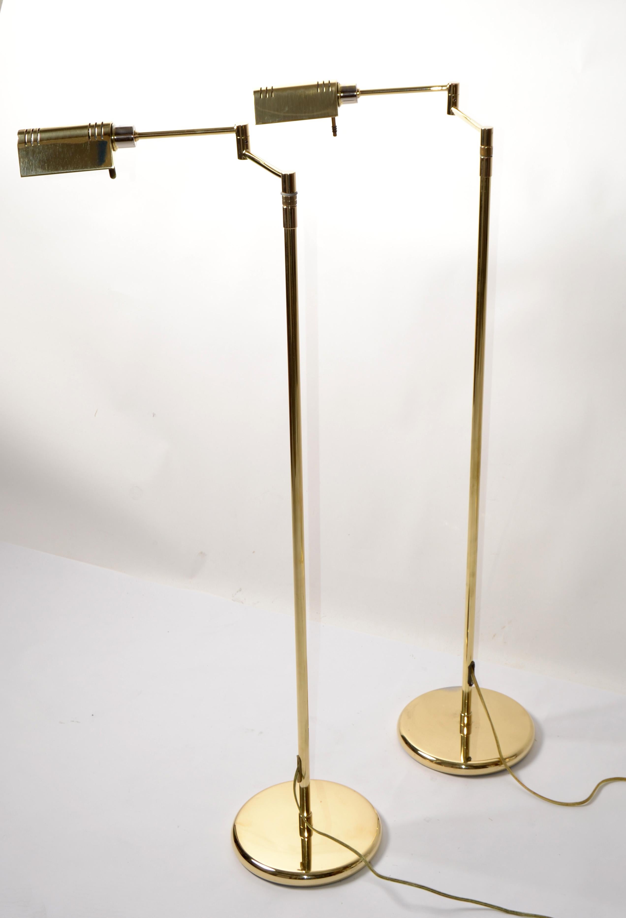 Pair of polished Holtkoetter Leuchten (Holkoetter Leuchten of Germany) designed in the Style of the Bauhaus Period and made in circa Beginning of 1980s.  
Reading pharmacy lamps swing arm floor lamps next to Your favorite Recliner or Lounge