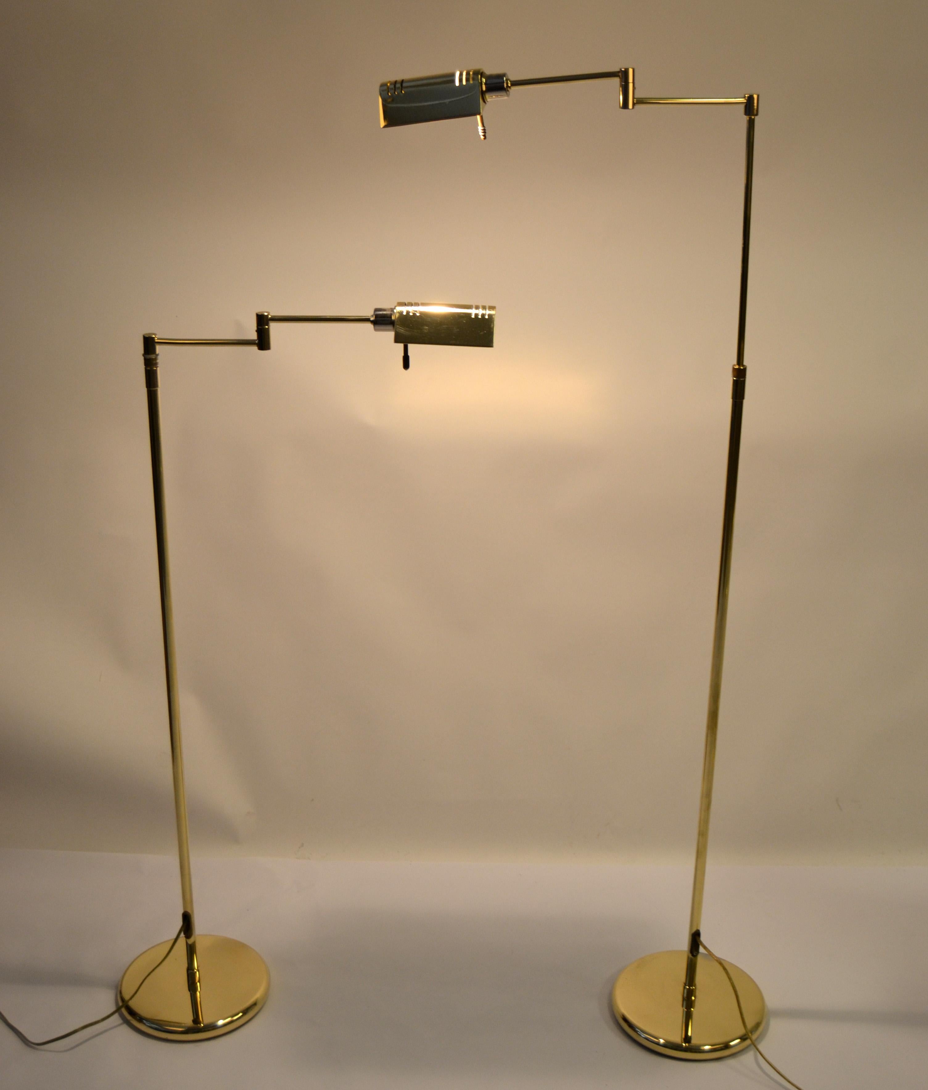 Polished Pair Brass Holtkoetter Leuchten Hight Adjustable Floor Lamp Mid-Century Modern For Sale