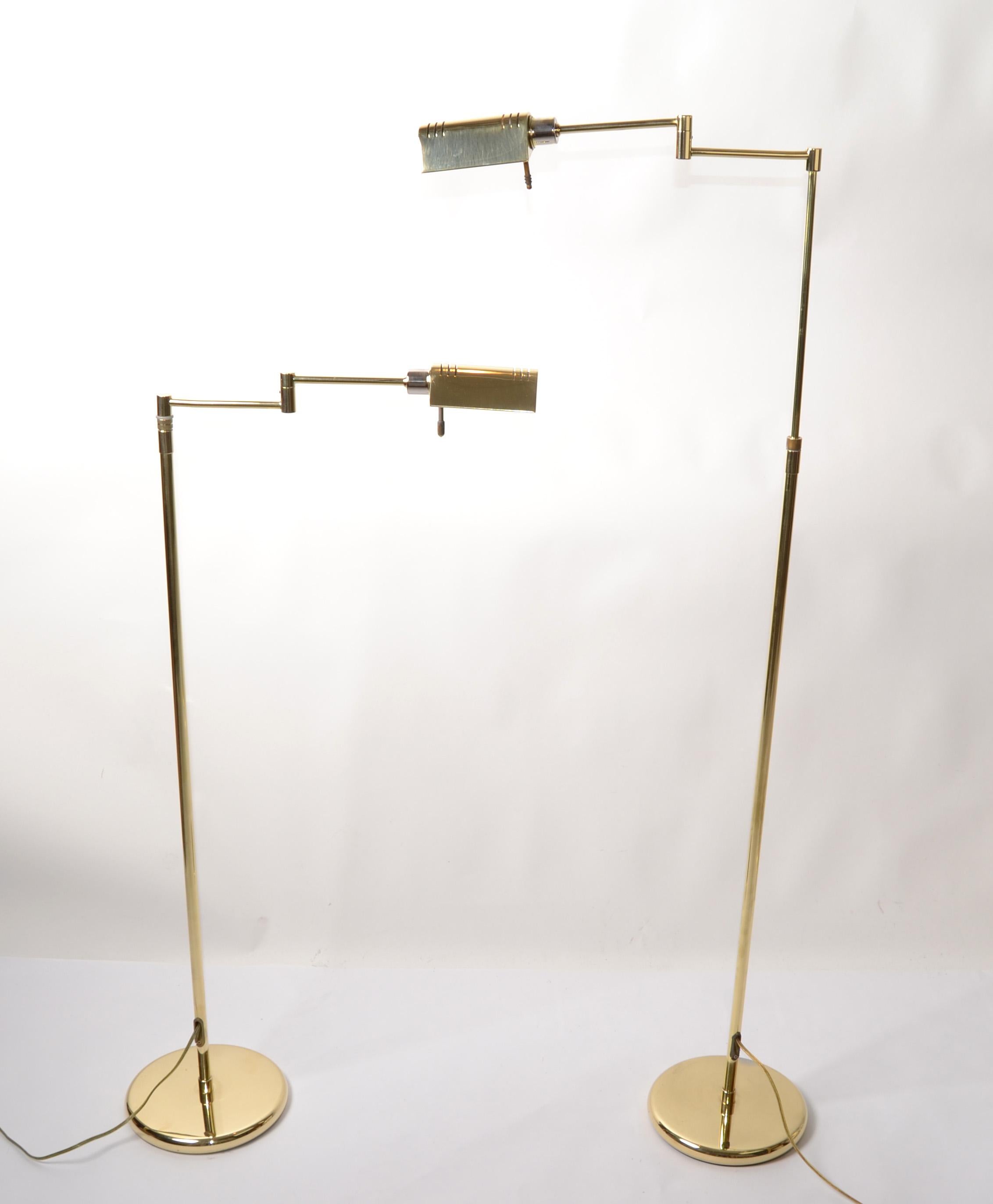 Polished Pair Brass Holtkoetter Leuchten Hight Adjustable Floor Lamp Mid-Century Modern For Sale