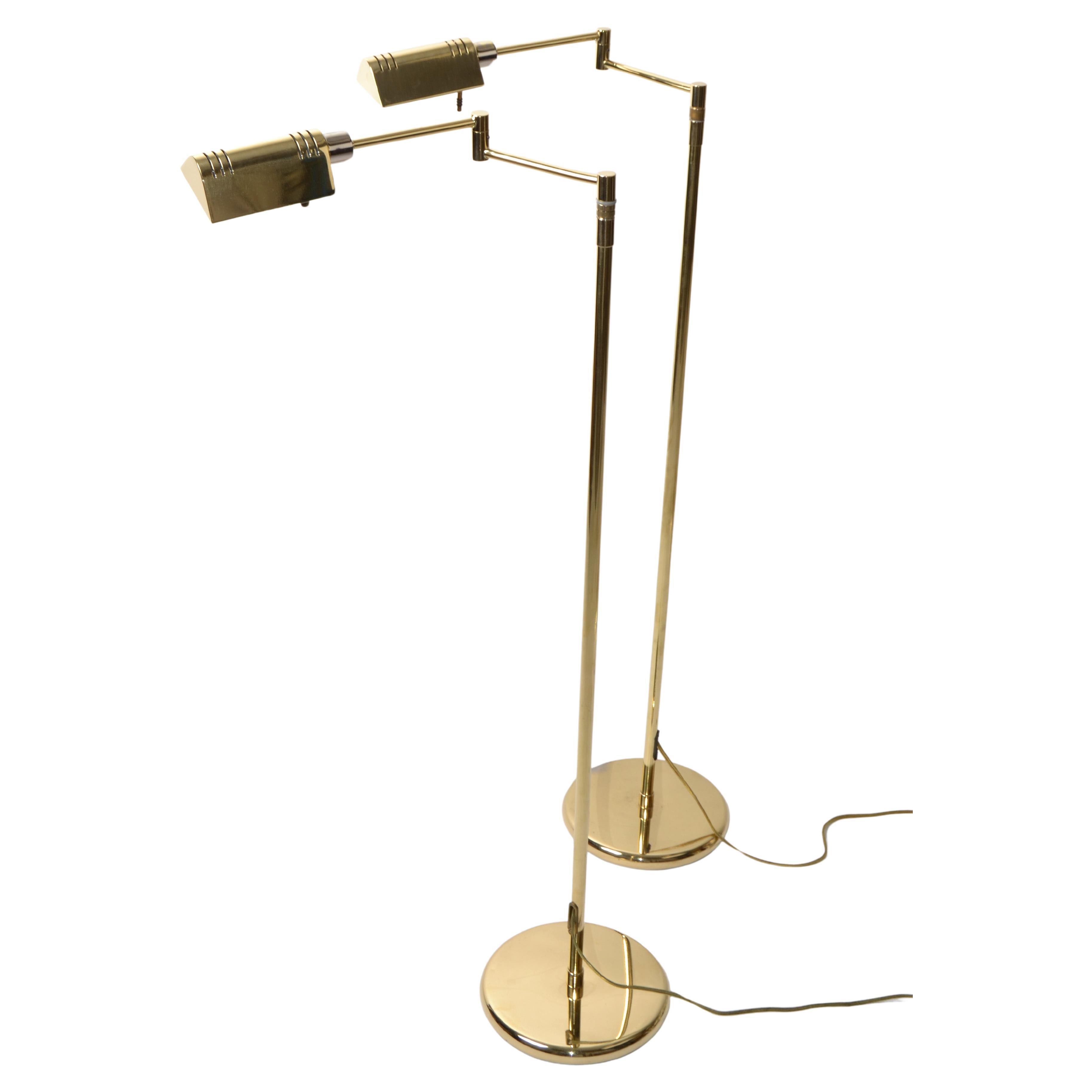 Pair Brass Holtkoetter Leuchten Hight Adjustable Floor Lamp Mid-Century Modern For Sale
