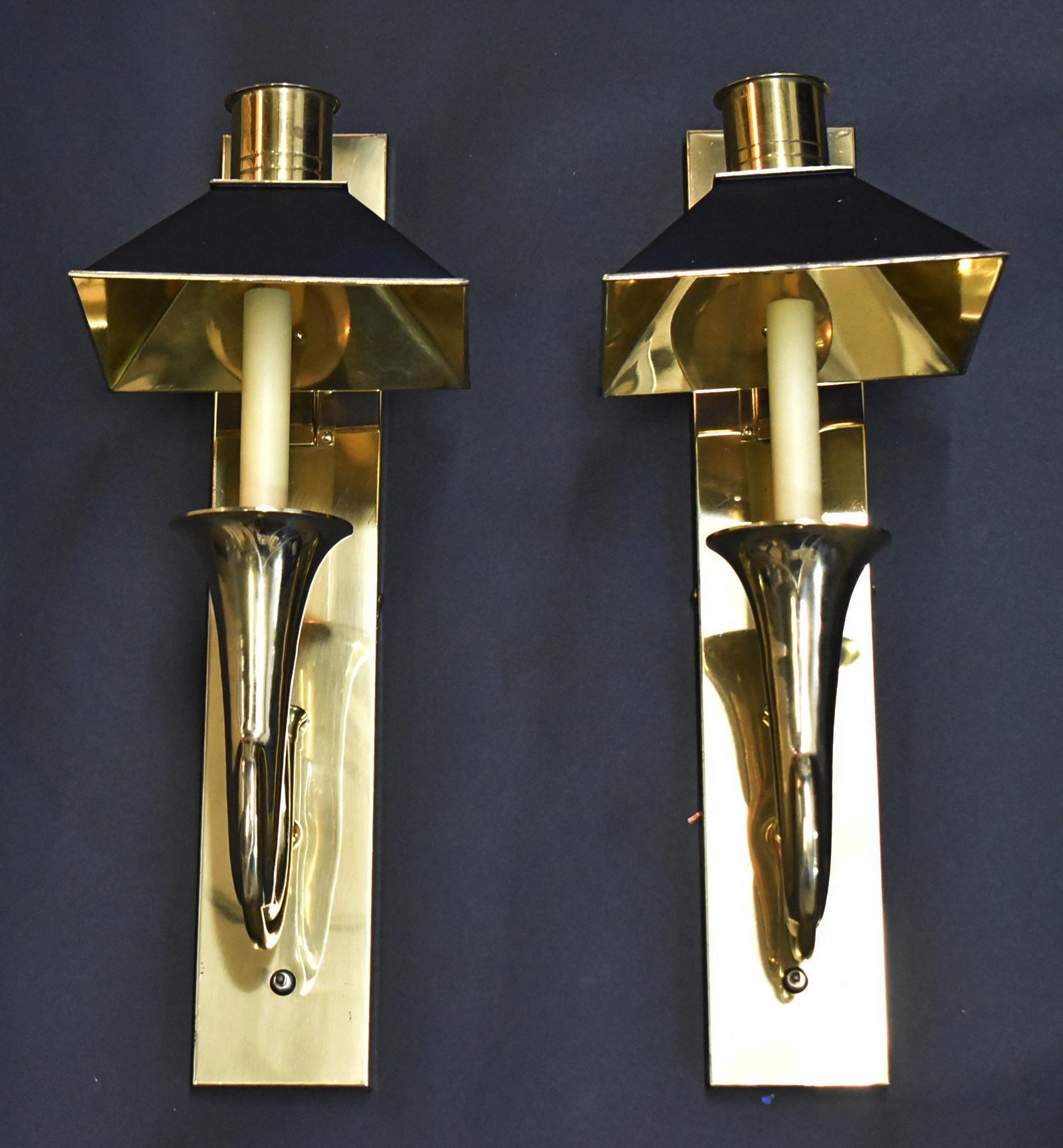 Pair of brass horn wall sconces with black chimney details. Dimensions: 3.5