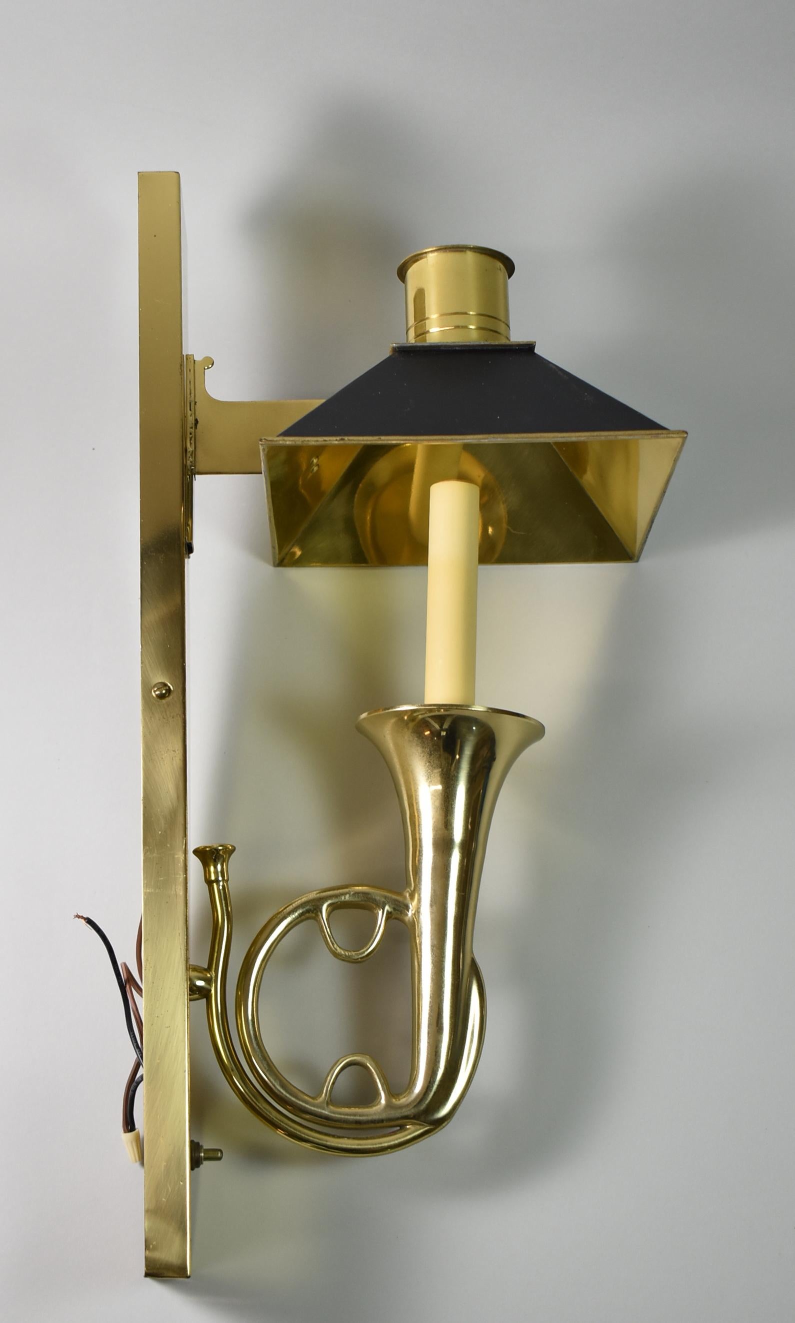Modern Pair Brass Horn Wall Sconces Black Chimney Shade
