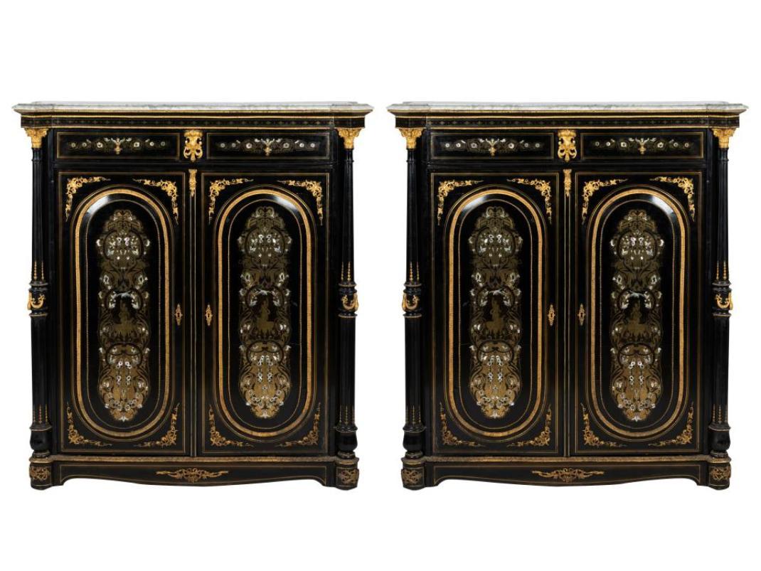 Pair Brass-Inlaid Ebonized Cabinets, French For Sale 13