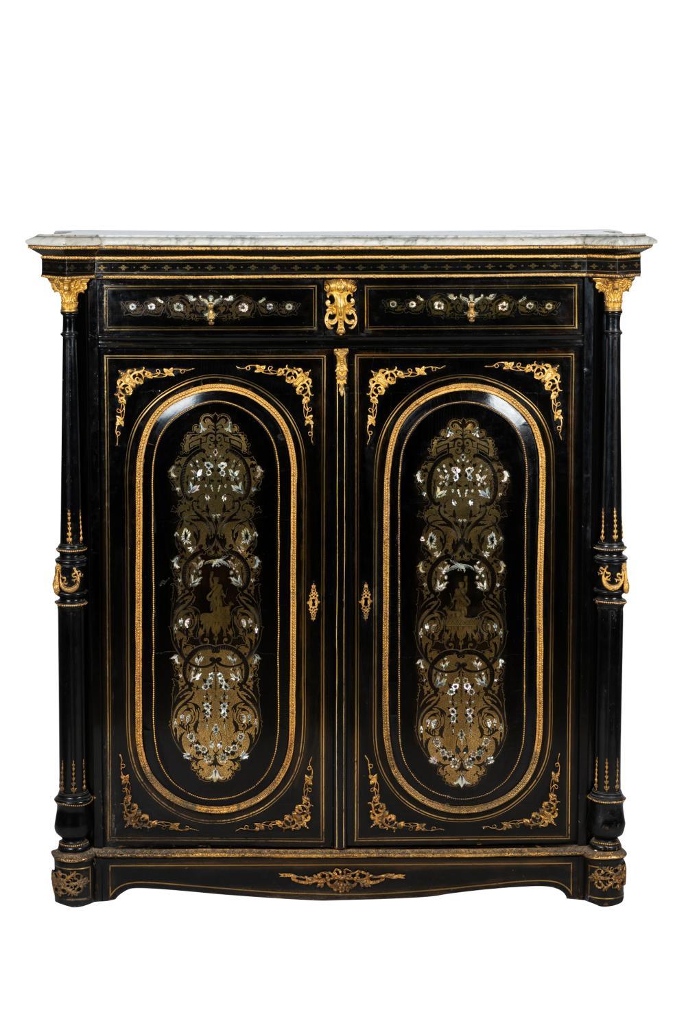 Hand-Crafted Pair Brass-Inlaid Ebonized Cabinets, French For Sale