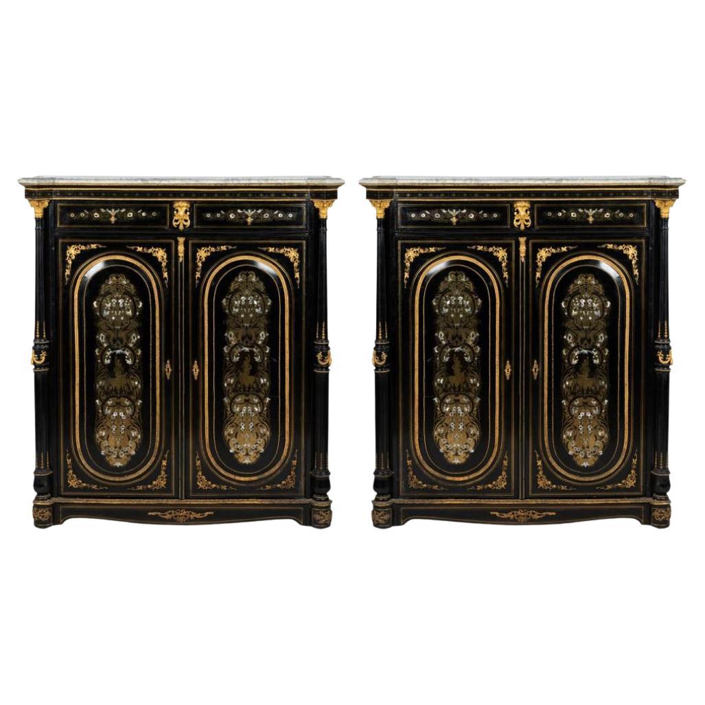 Pair Brass-Inlaid Ebonized Cabinets, French For Sale
