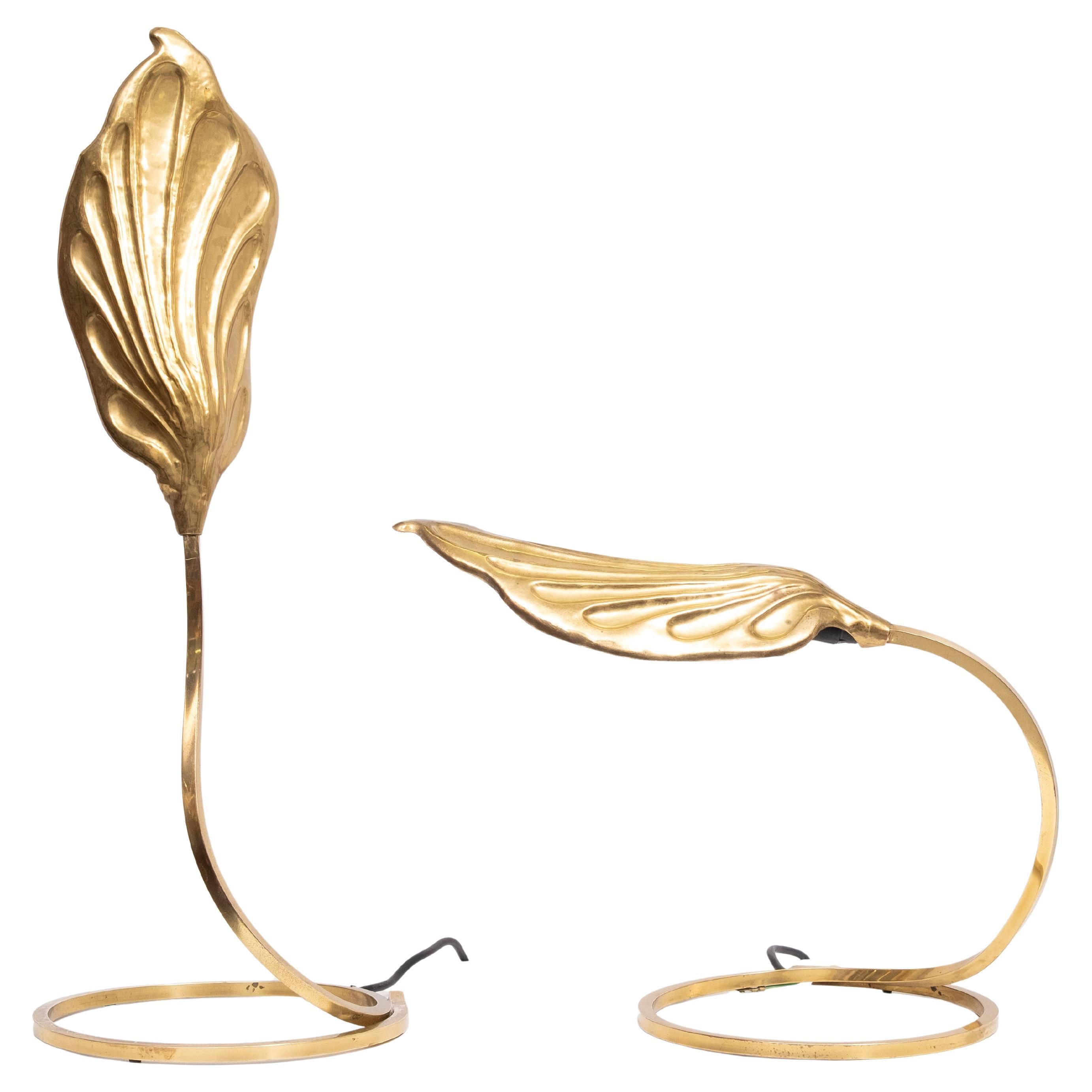 Satz von 2 Messingblatt-Tischlampen von Carlo Giorgi & Tommaso Barbi für Bottega Gadda, Italien 70er Jahre. 2 verschiedene Versionen der Tischlampe.  E14-Glühlampenfassung. Schöne Patina und in gutem Vintage-Zustand. 
das Kabel einschalten .