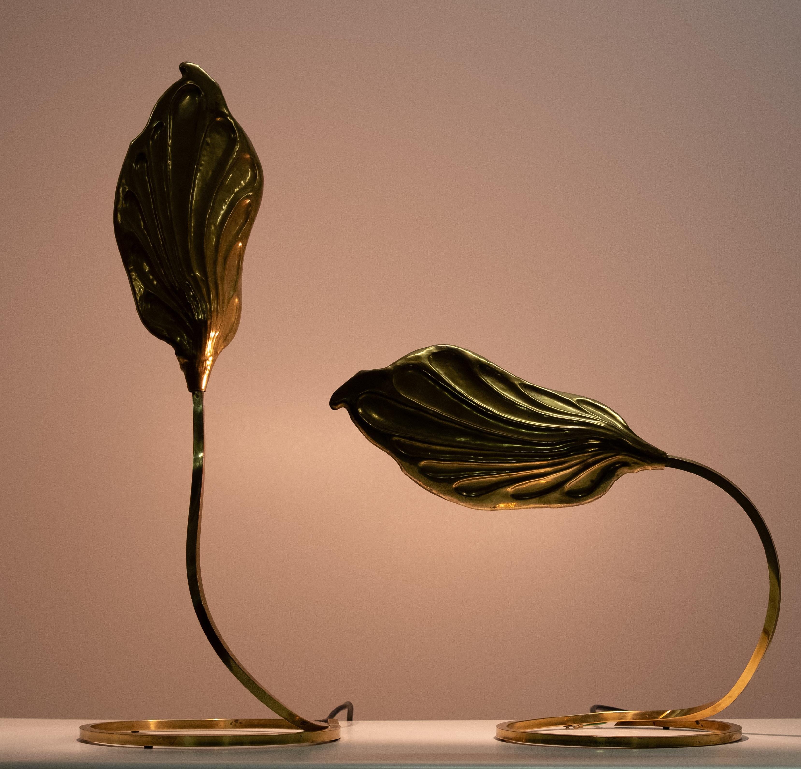 Paar Blatt-Tischlampen aus Messing, entworfen von Carlo Giorgi & Tommaso Barbi, 1970er Jahre im Angebot 1