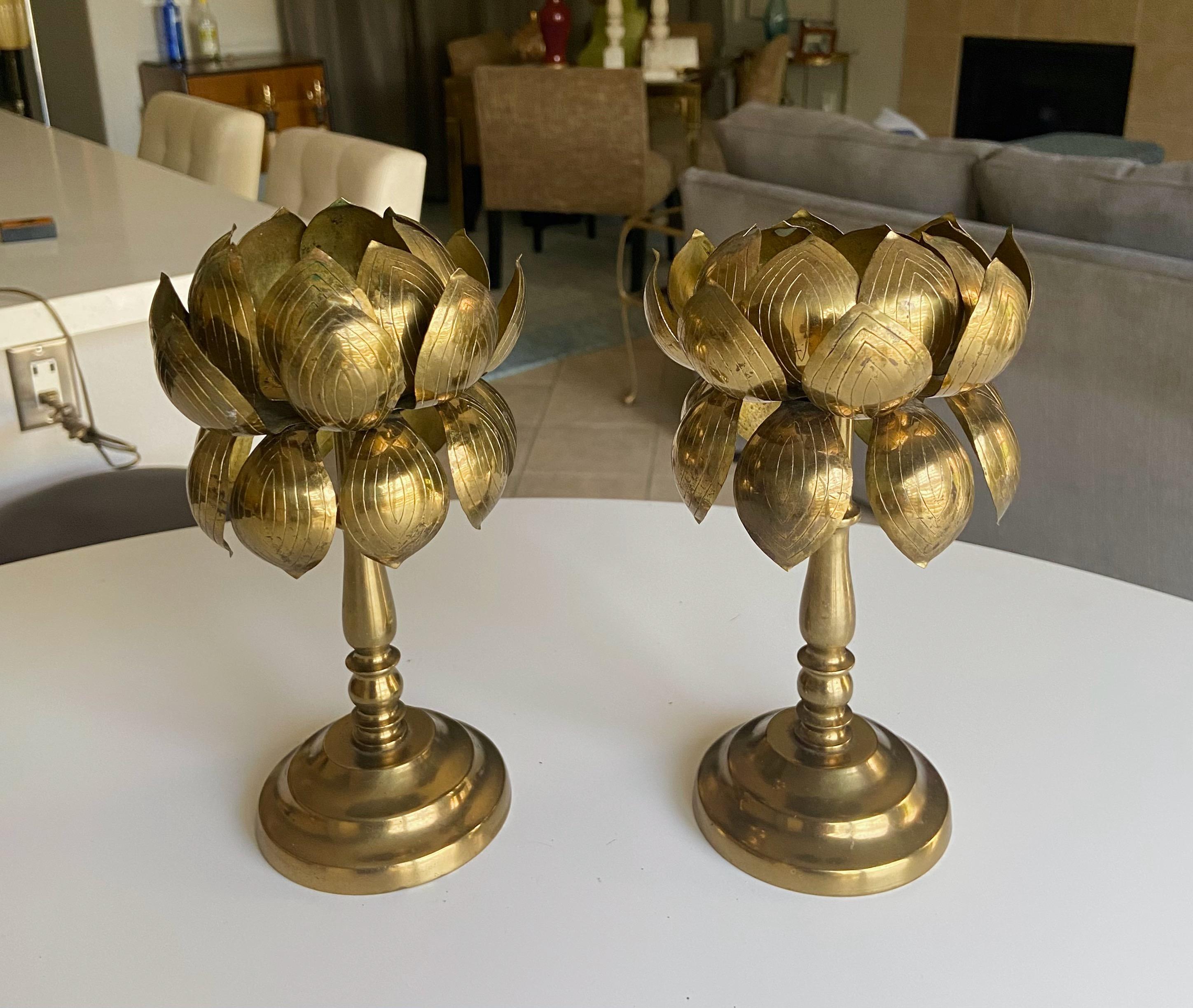 Pair Brass Lotus Flower Candleholders Feldman For Sale 6