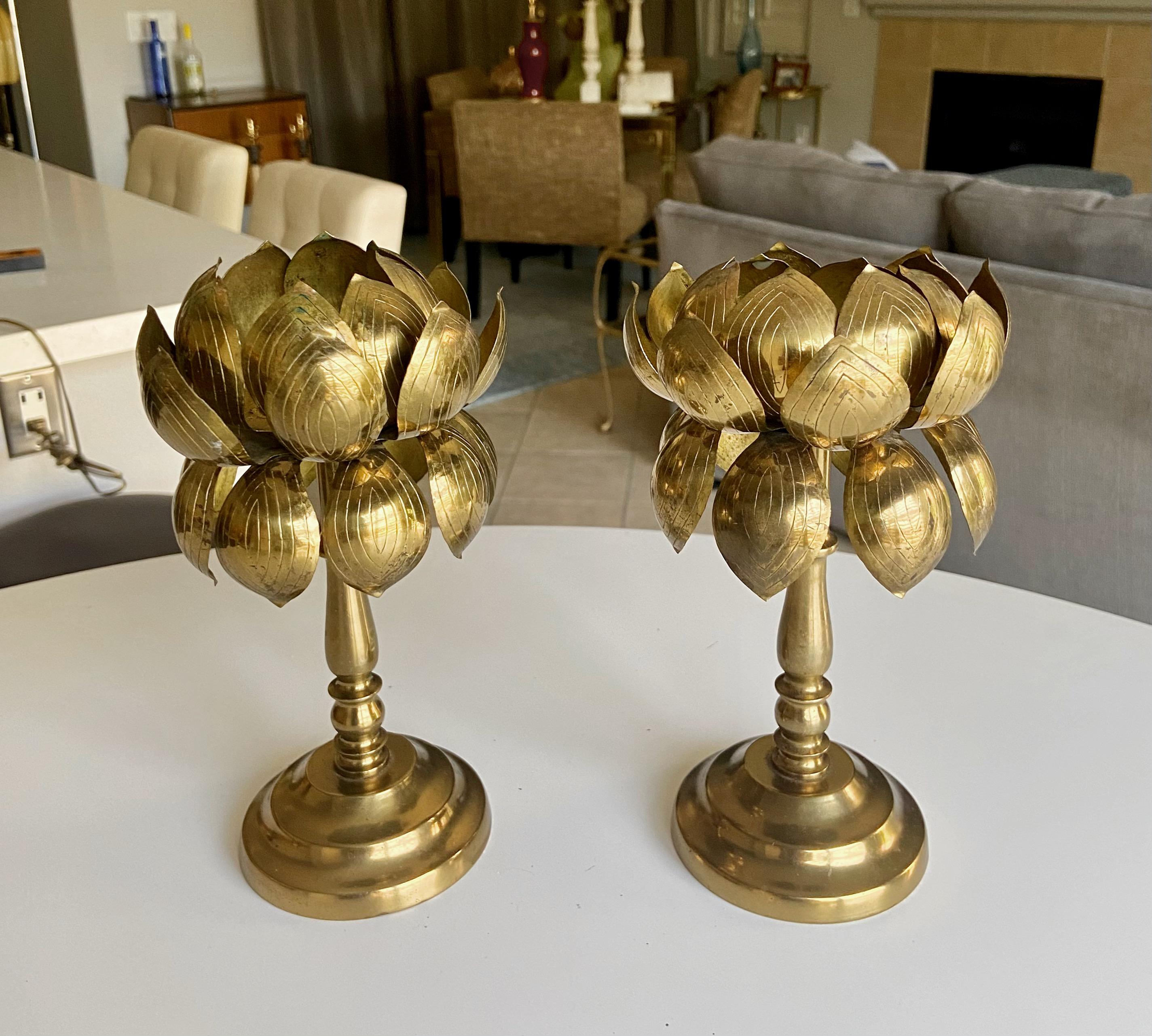 Pair Brass Lotus Flower Candleholders Feldman For Sale 11