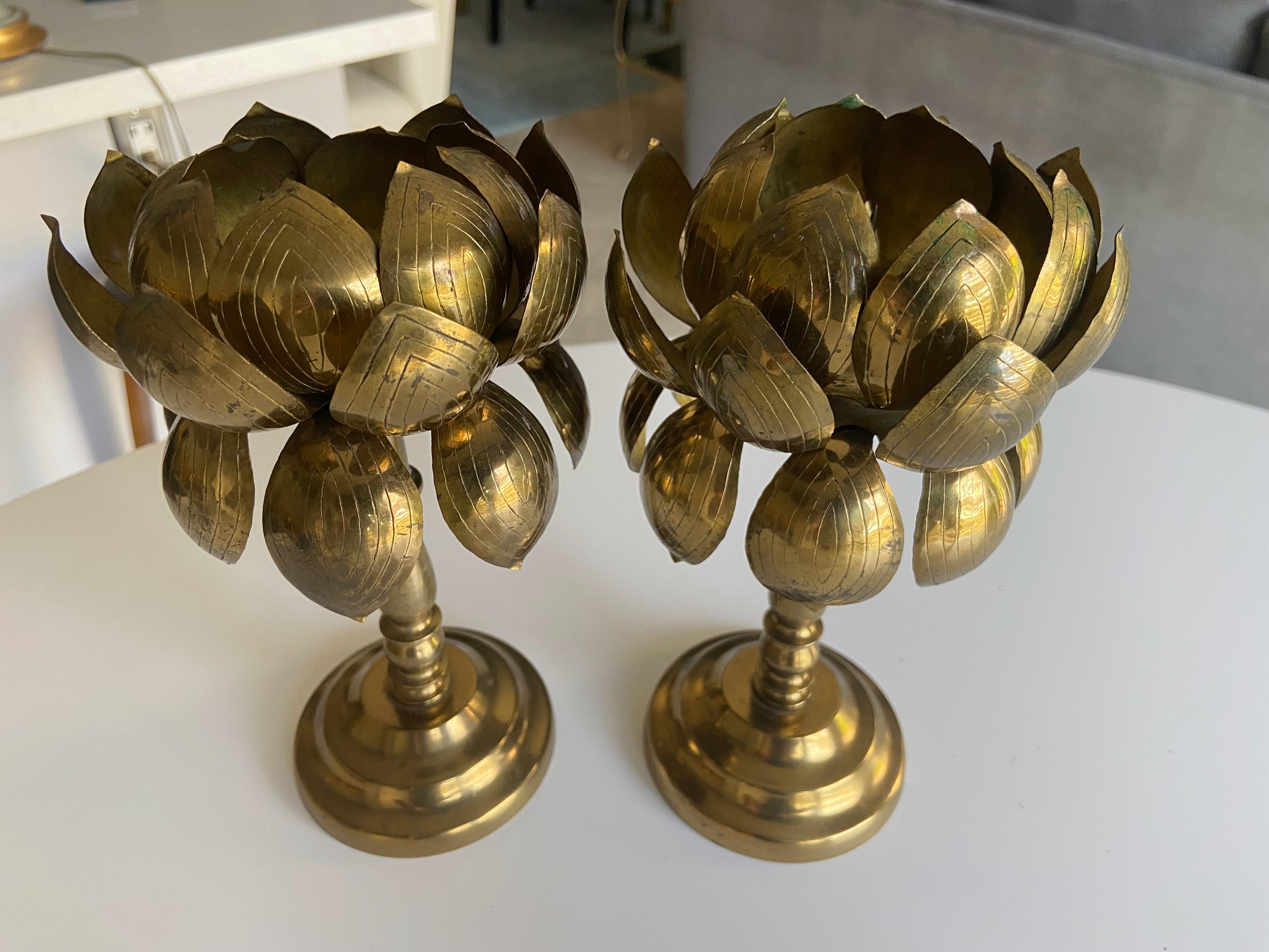 Mid-Century Modern Pair Brass Lotus Flower Candleholders Feldman For Sale