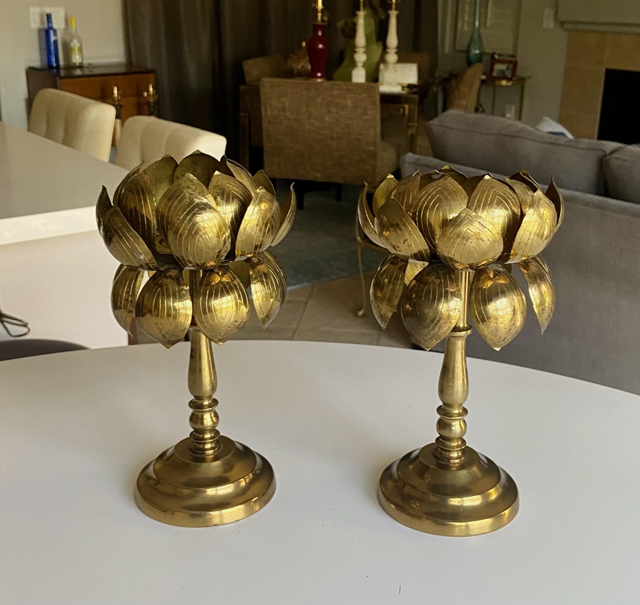North American Pair Brass Lotus Flower Candleholders Feldman For Sale