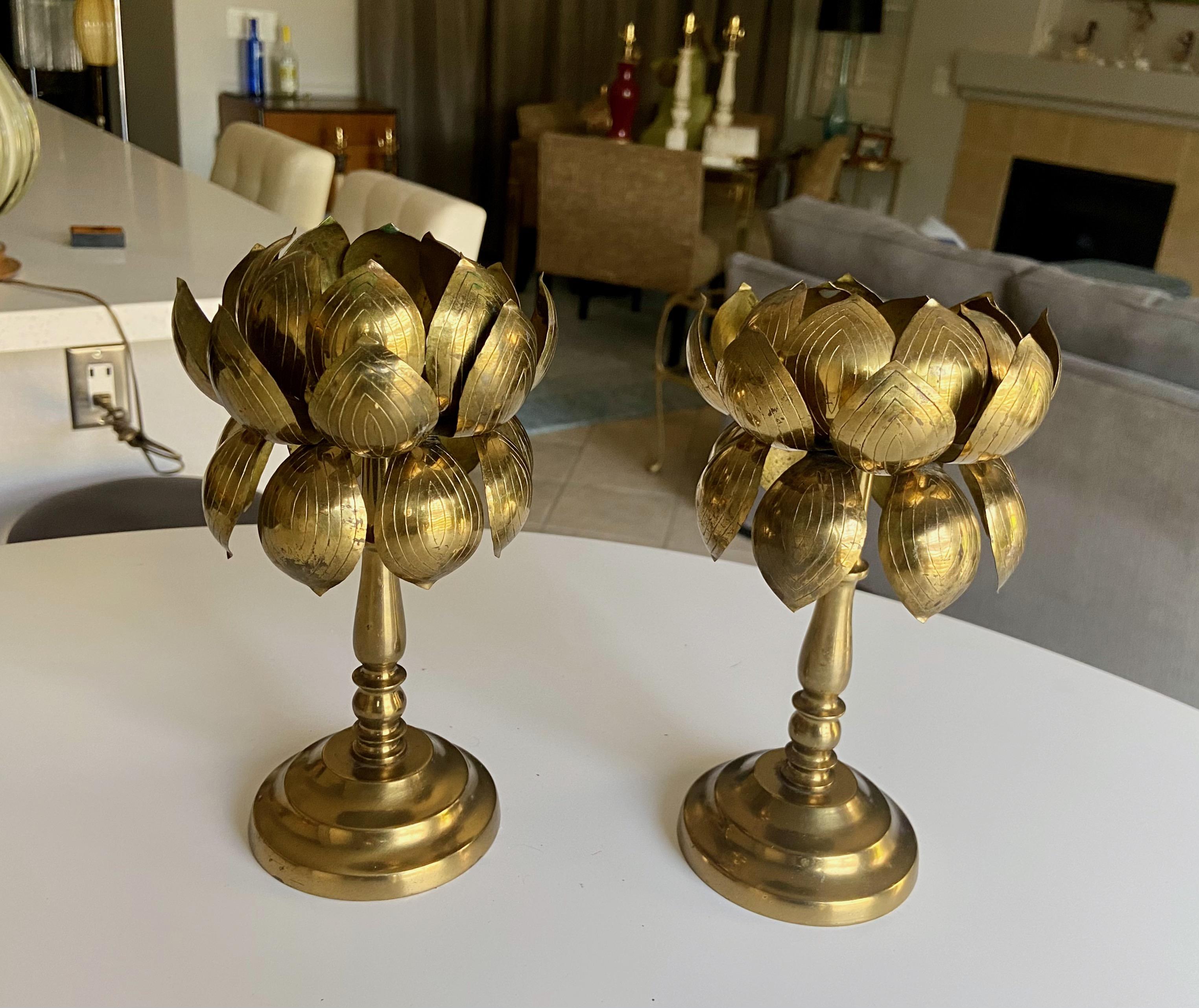 Pair Brass Lotus Flower Candleholders Feldman In Good Condition For Sale In Palm Springs, CA