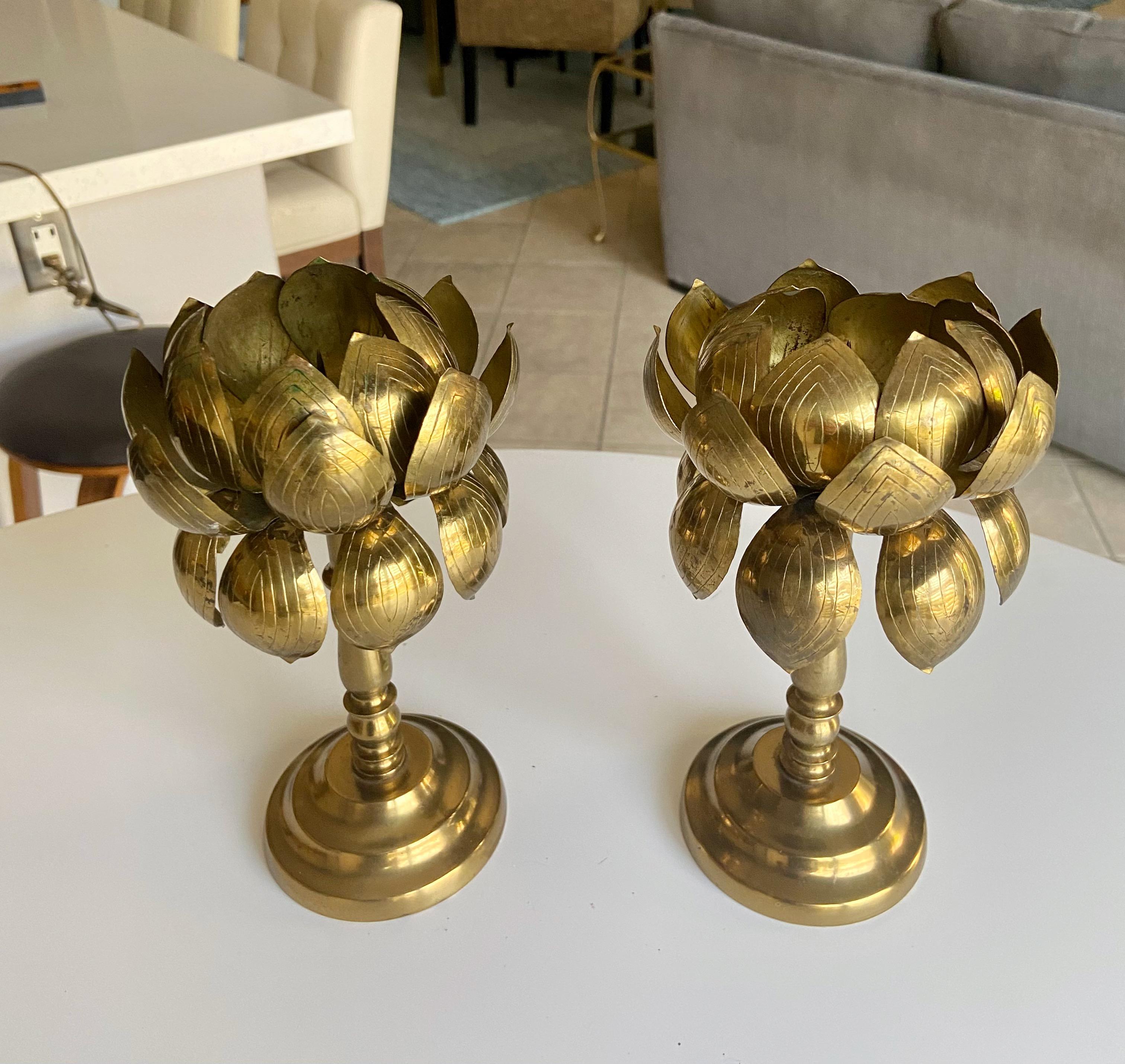 Mid-20th Century Pair Brass Lotus Flower Candleholders Feldman For Sale