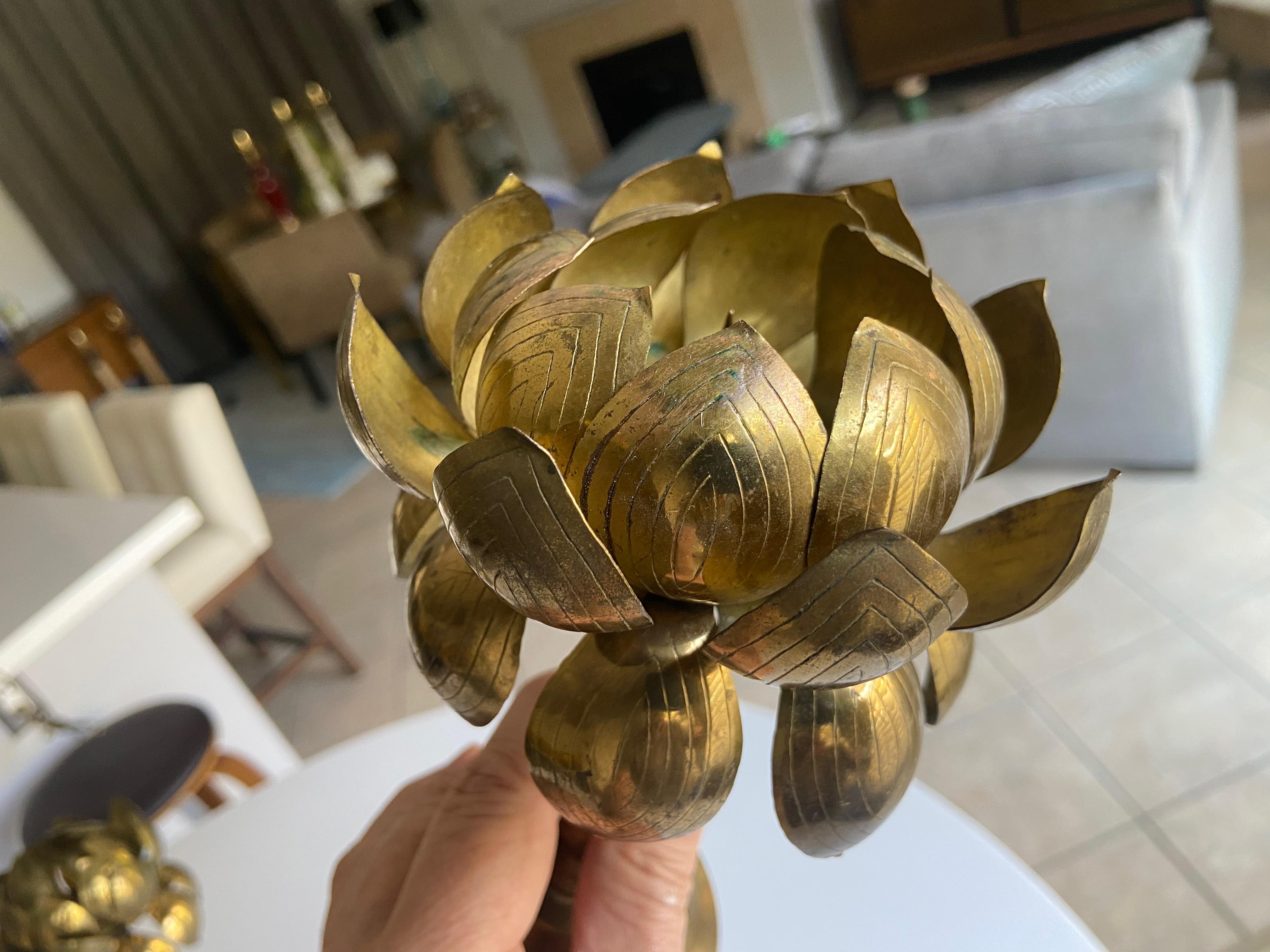 Pair Brass Lotus Flower Candleholders Feldman For Sale 1