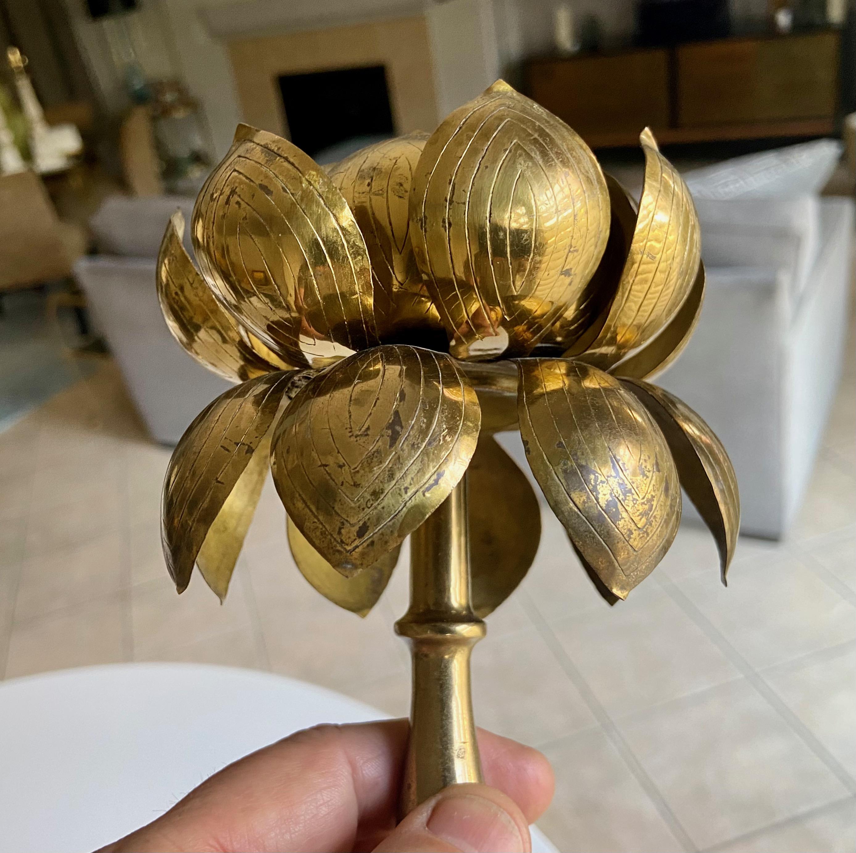 Pair Brass Lotus Flower Candleholders Feldman For Sale 2