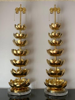 Pair of Brass Lotus Lamps