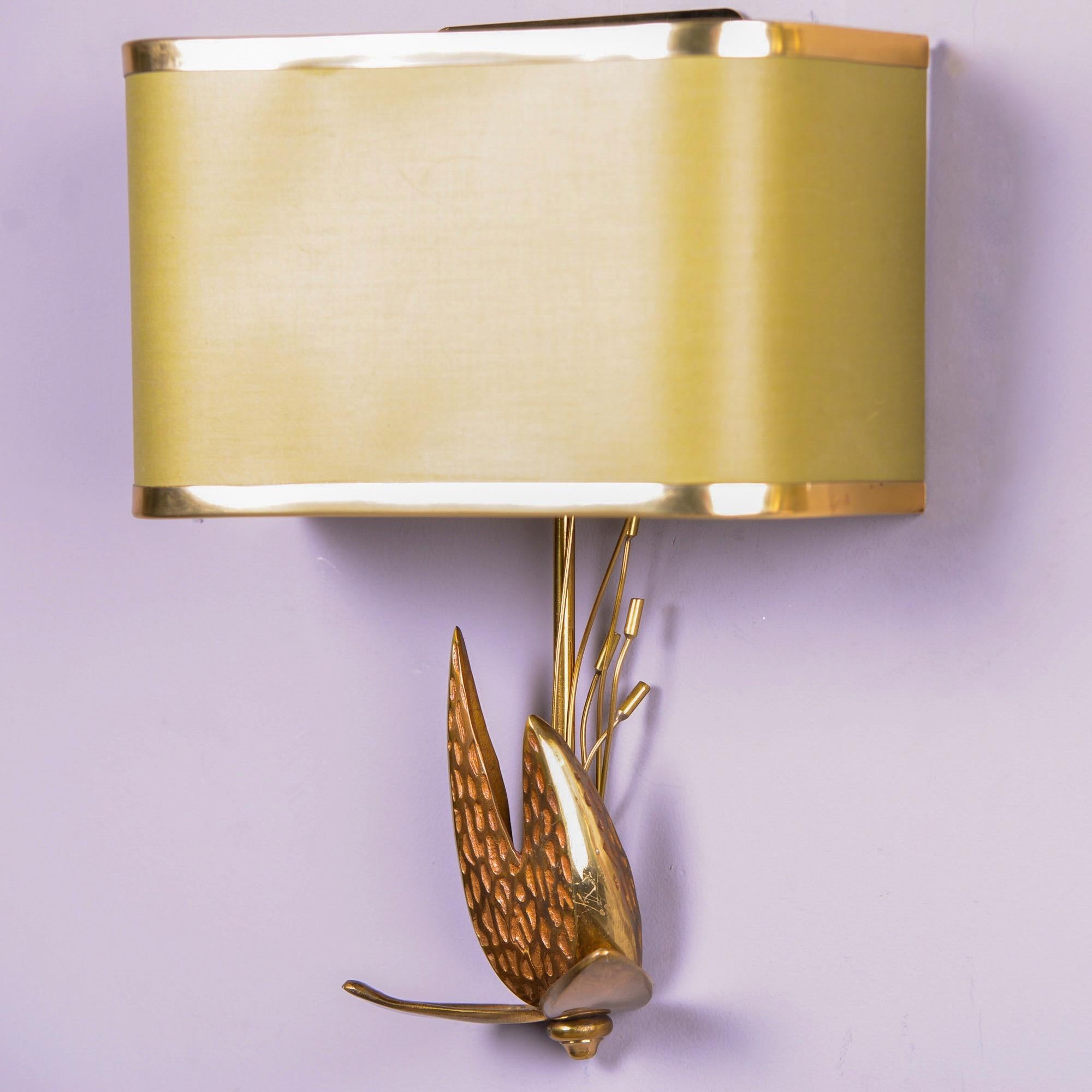French Pair Brass Lotus Wall Sconces with Shades Attributed to Maison Charles For Sale