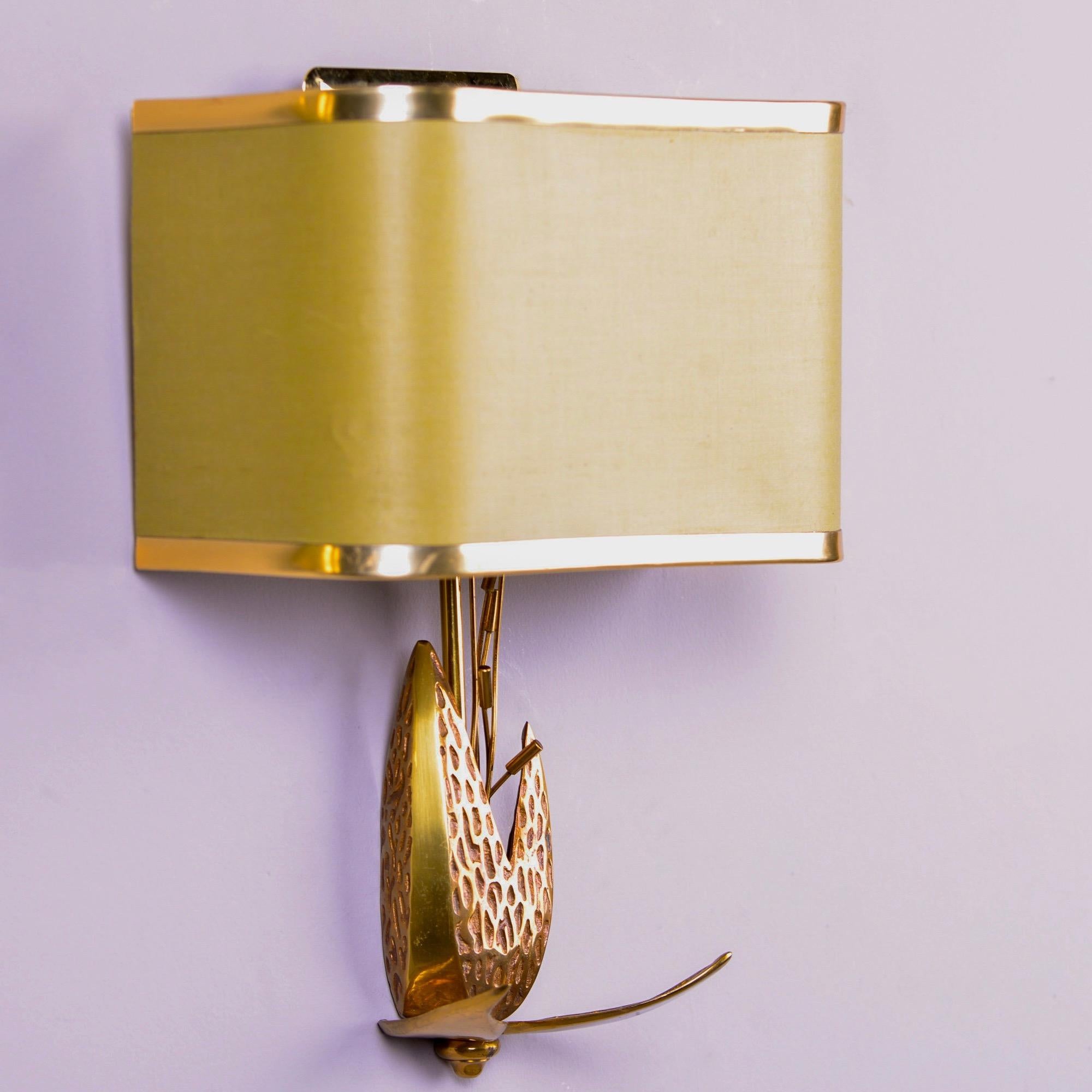 Pair Brass Lotus Wall Sconces with Shades Attributed to Maison Charles In Good Condition For Sale In Troy, MI