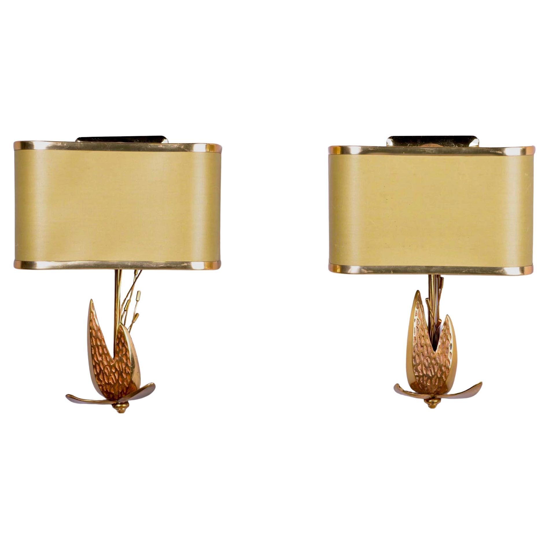 Pair Brass Lotus Wall Sconces with Shades Attributed to Maison Charles