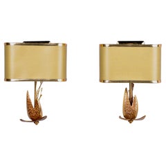 Pair Brass Lotus Wall Sconces with Shades Attributed to Maison Charles