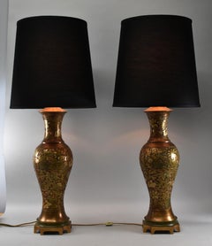 Pair of Brass Marbro Champlevé Enamel Floral Table Lamps