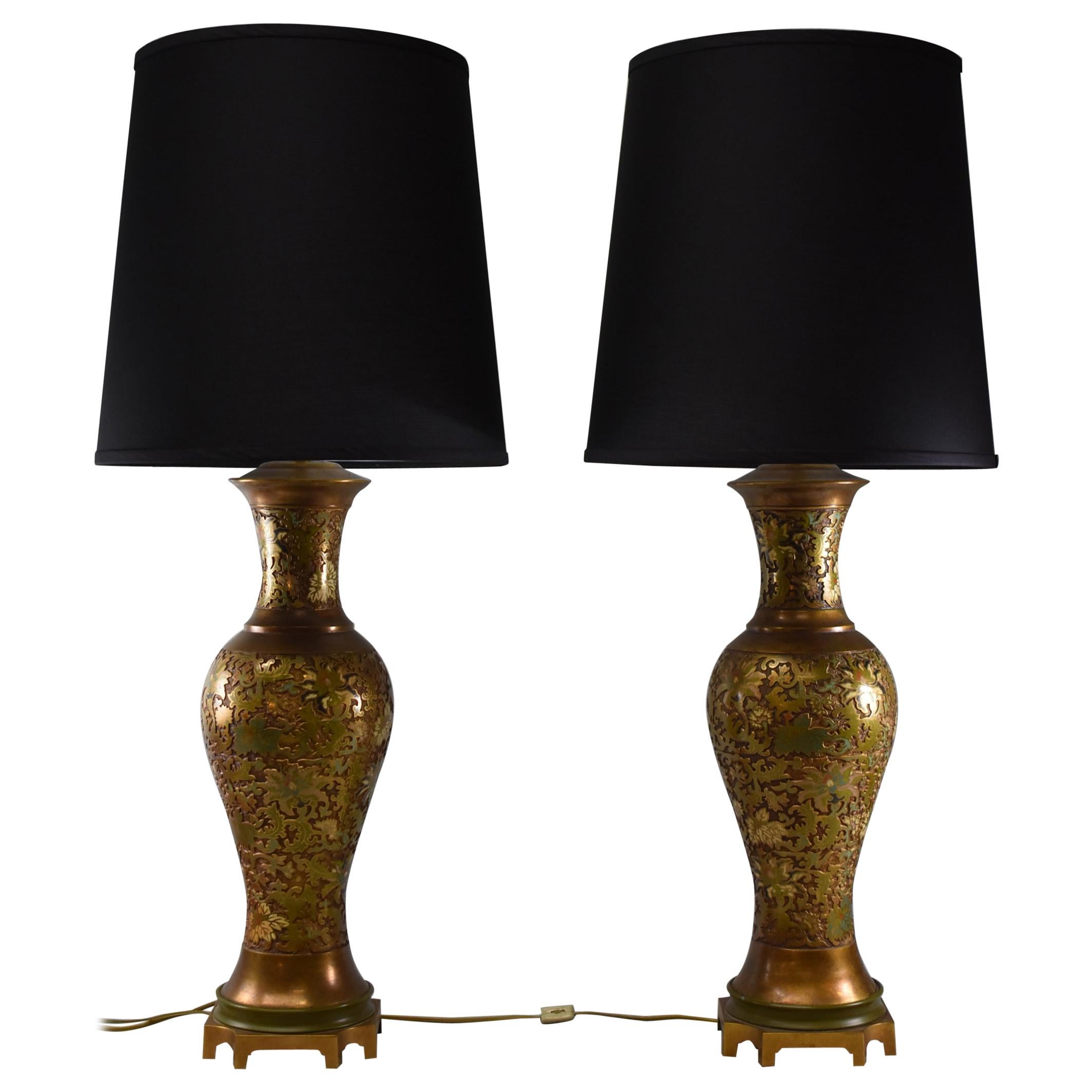 Pair of Brass Marbro Champlevé Enamel Floral Table Lamps For Sale