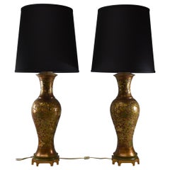 Vintage Pair of Brass Marbro Champlevé Enamel Floral Table Lamps