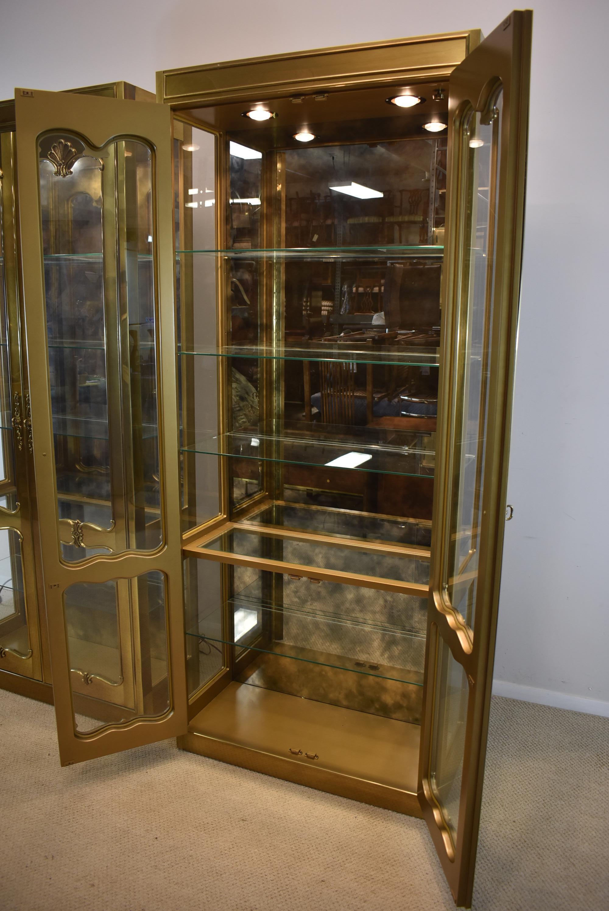 Joinery Pair of Brass Mastercraft Curio Display Cabinets Lighted Interior