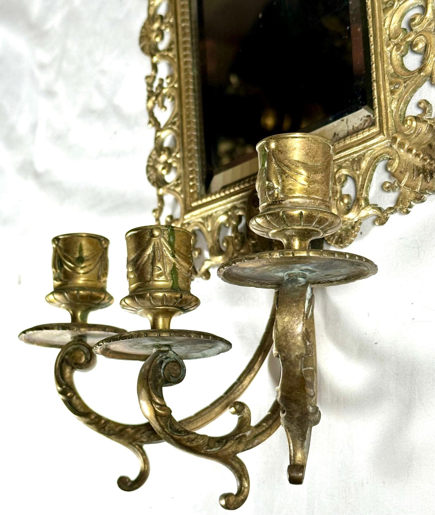 Pair Brass Mirrored Three Arm Candle Victorian Wall Sconces. 4