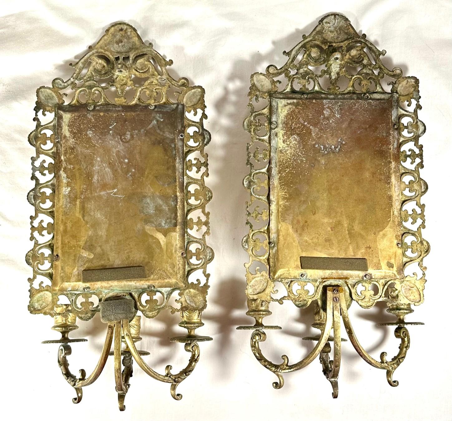 Pair Brass Mirrored Three Arm Candle Victorian Wall Sconces. 5