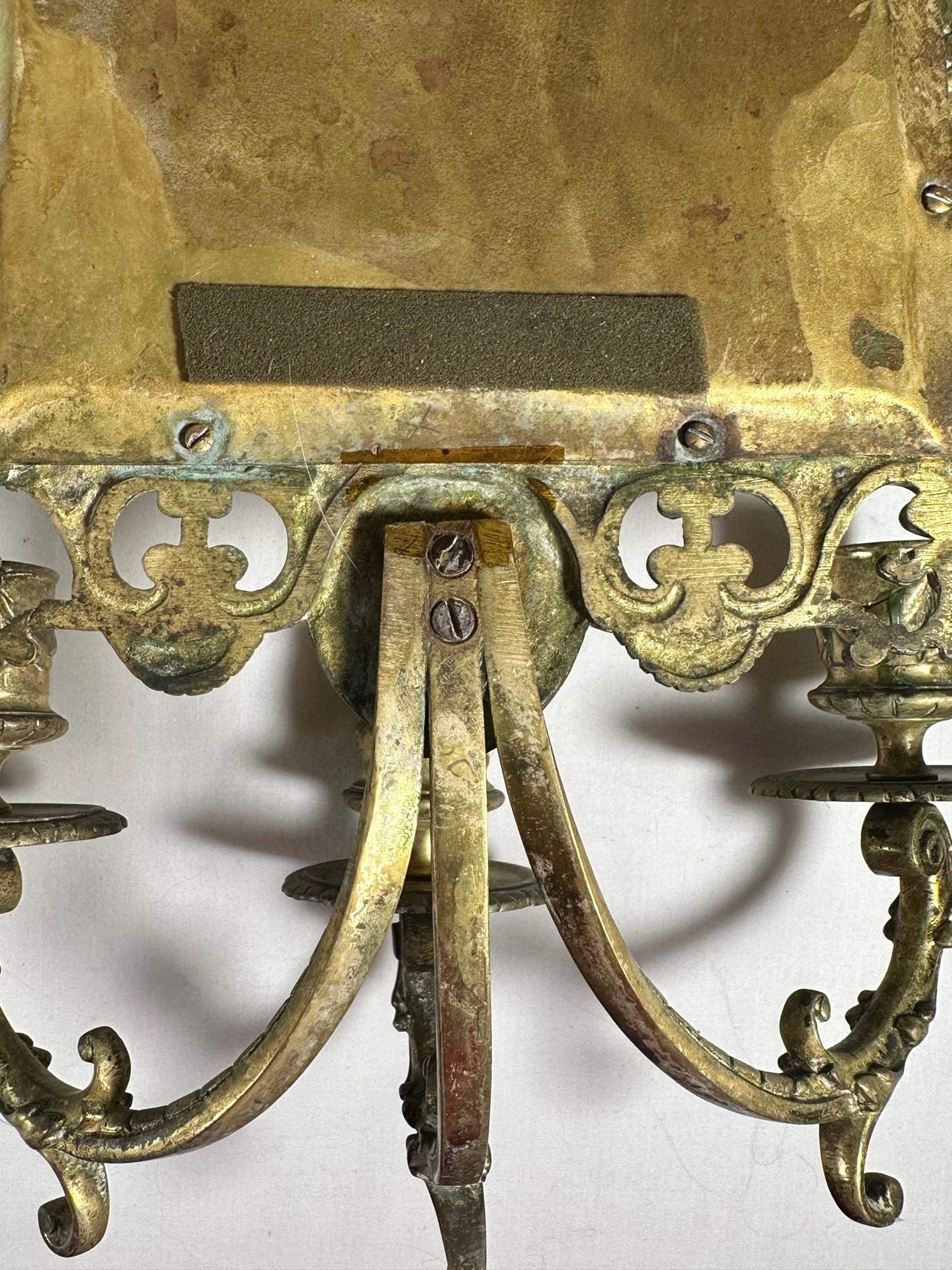 Pair Brass Mirrored Three Arm Candle Victorian Wall Sconces. 6