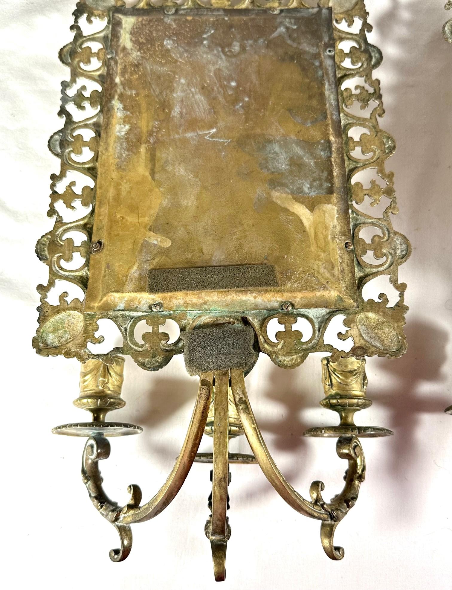 Pair Brass Mirrored Three Arm Candle Victorian Wall Sconces. 8