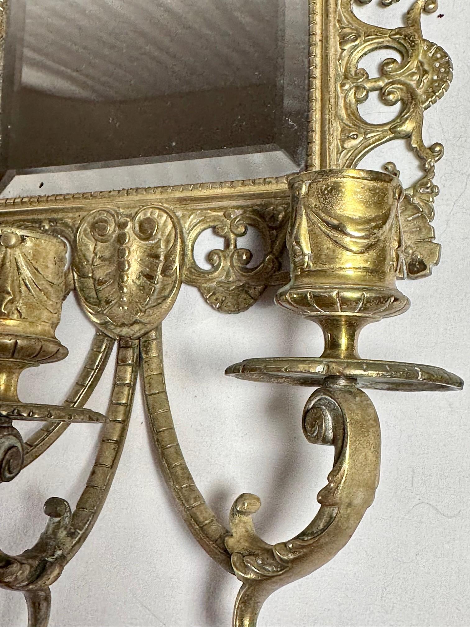 Beveled Pair Brass Mirrored Three Arm Candle Victorian Wall Sconces.