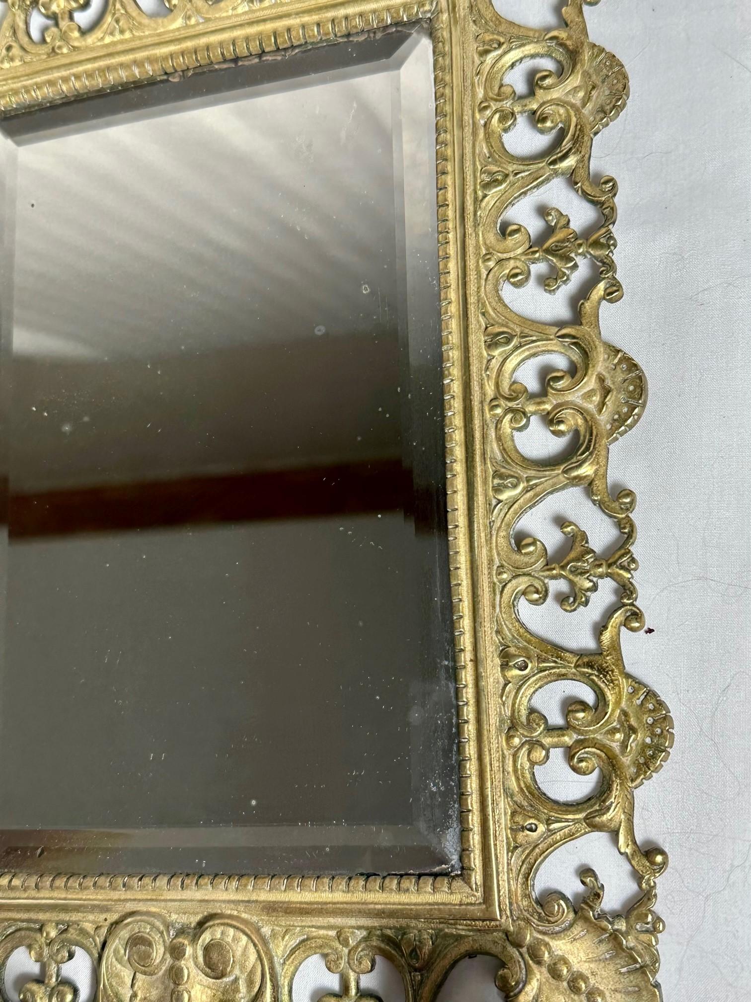 Pair Brass Mirrored Three Arm Candle Victorian Wall Sconces. In Good Condition In Vero Beach, FL