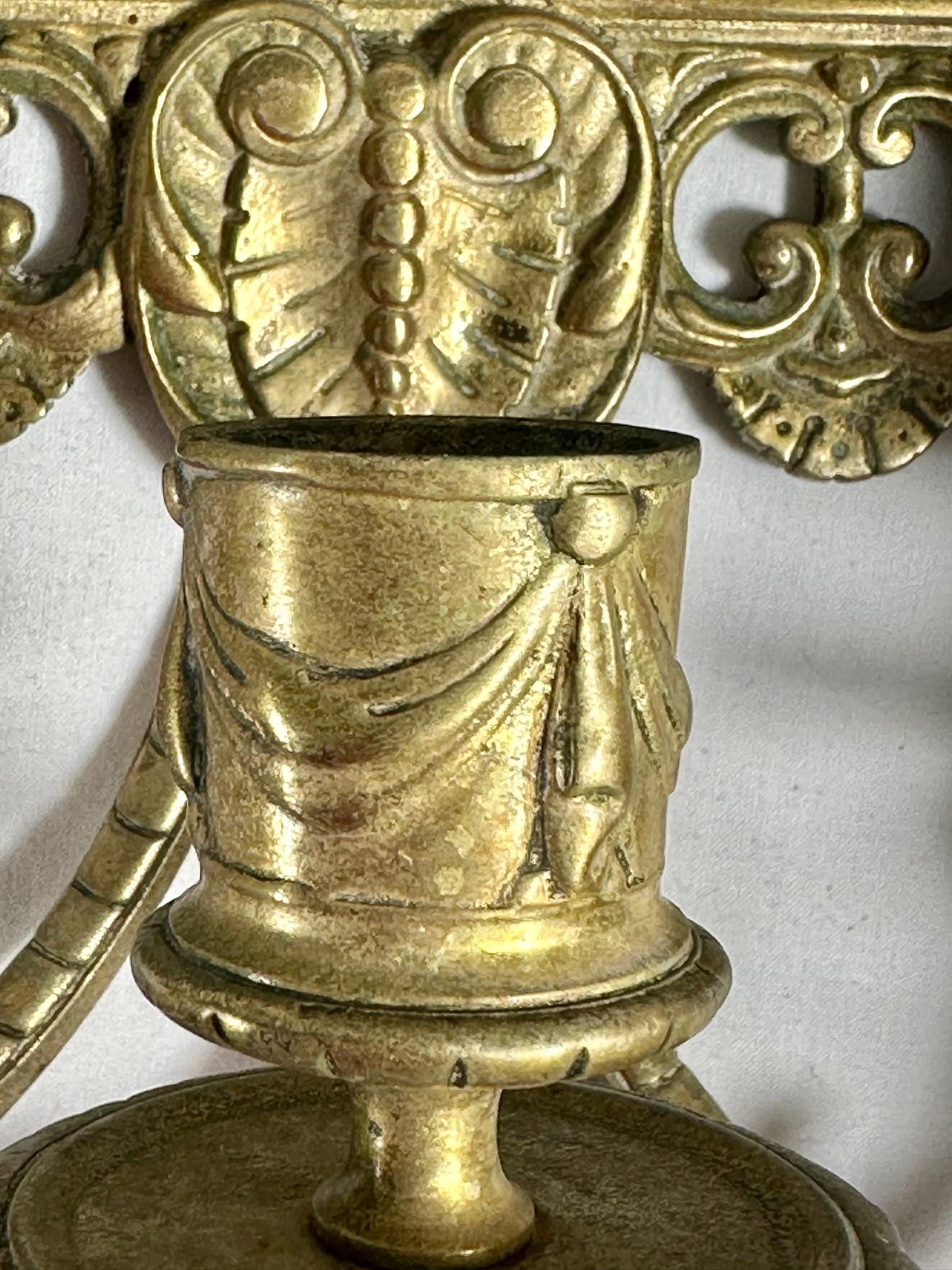 Pair Brass Mirrored Three Arm Candle Victorian Wall Sconces. 2
