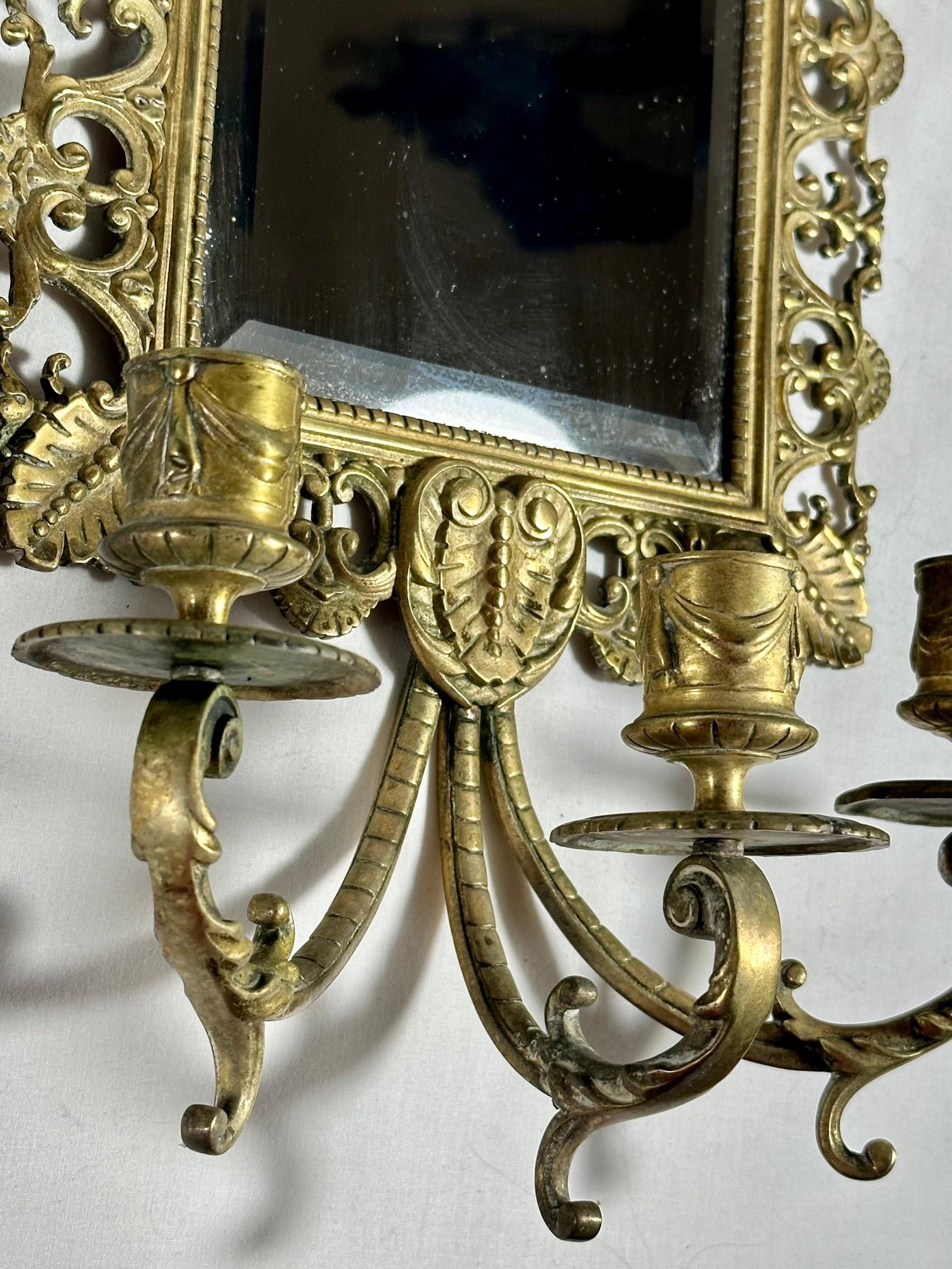Pair Brass Mirrored Three Arm Candle Victorian Wall Sconces. 3