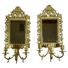 Antique Pair Brass Mirrored Three Arm Candle Victorian Wall Sconces.