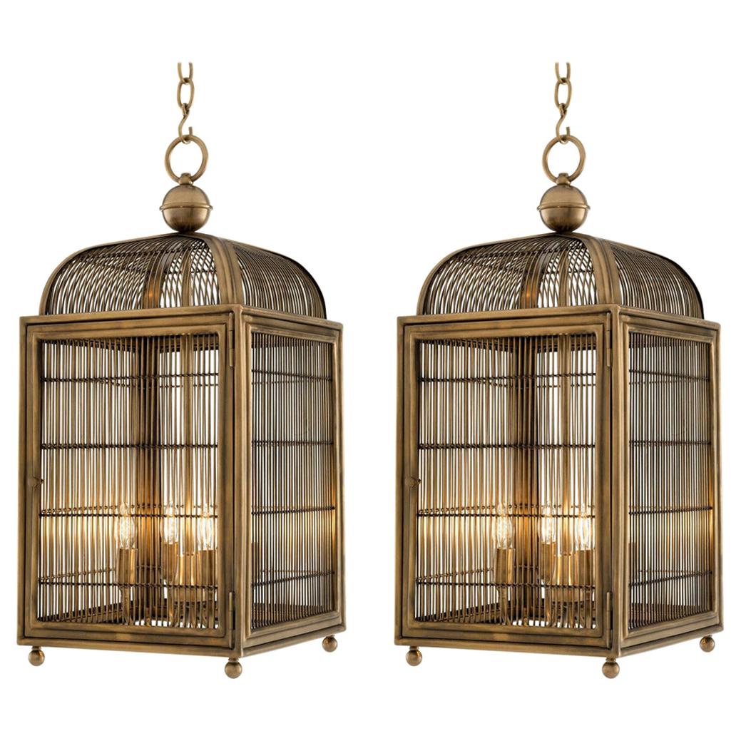 Pair of Brass Modern Falcon Birdcage Hall Lanterns Eichholtz Germany Midcentury