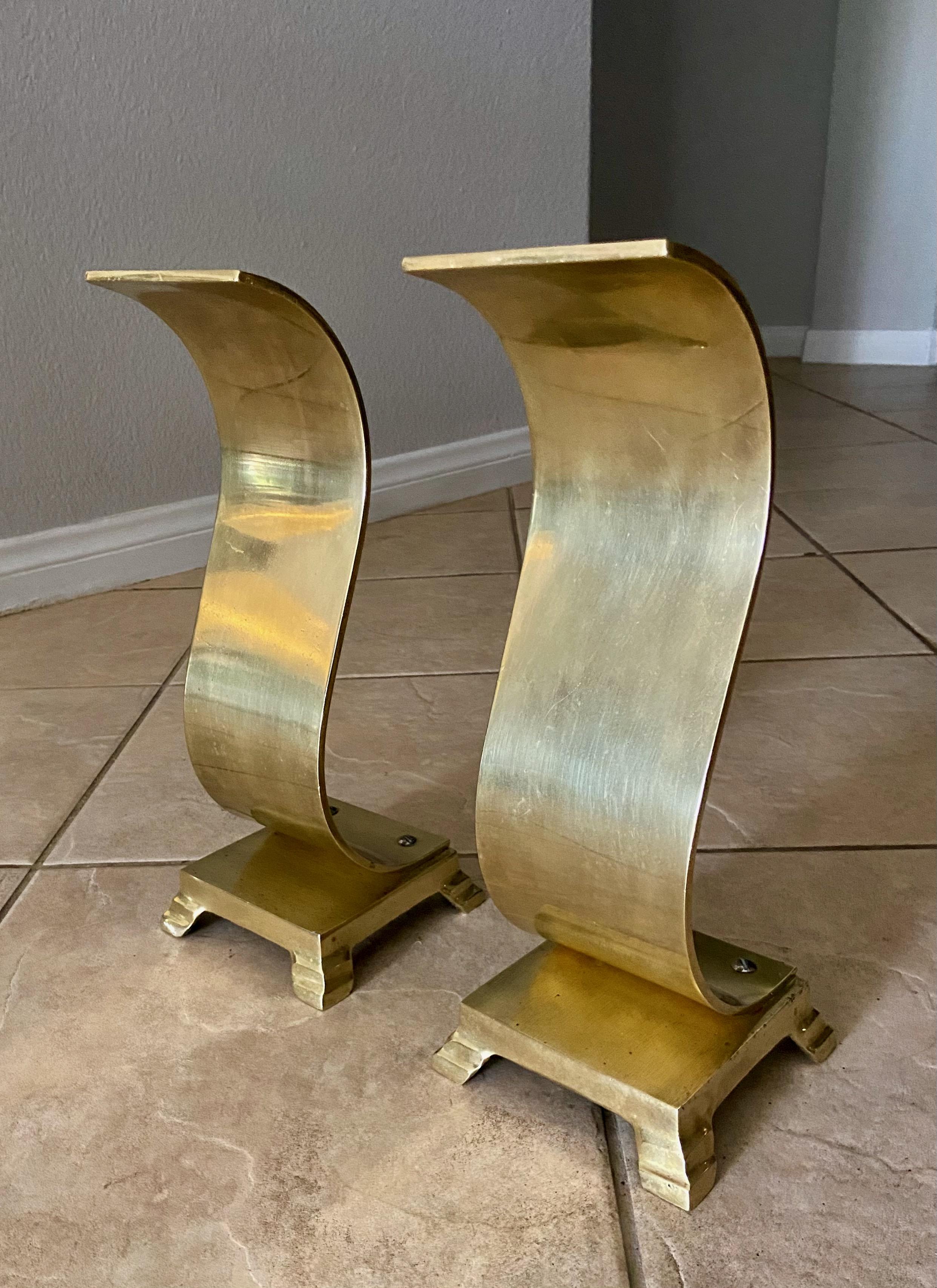 North American Pair Brass Modern Scroll Andirons For Sale