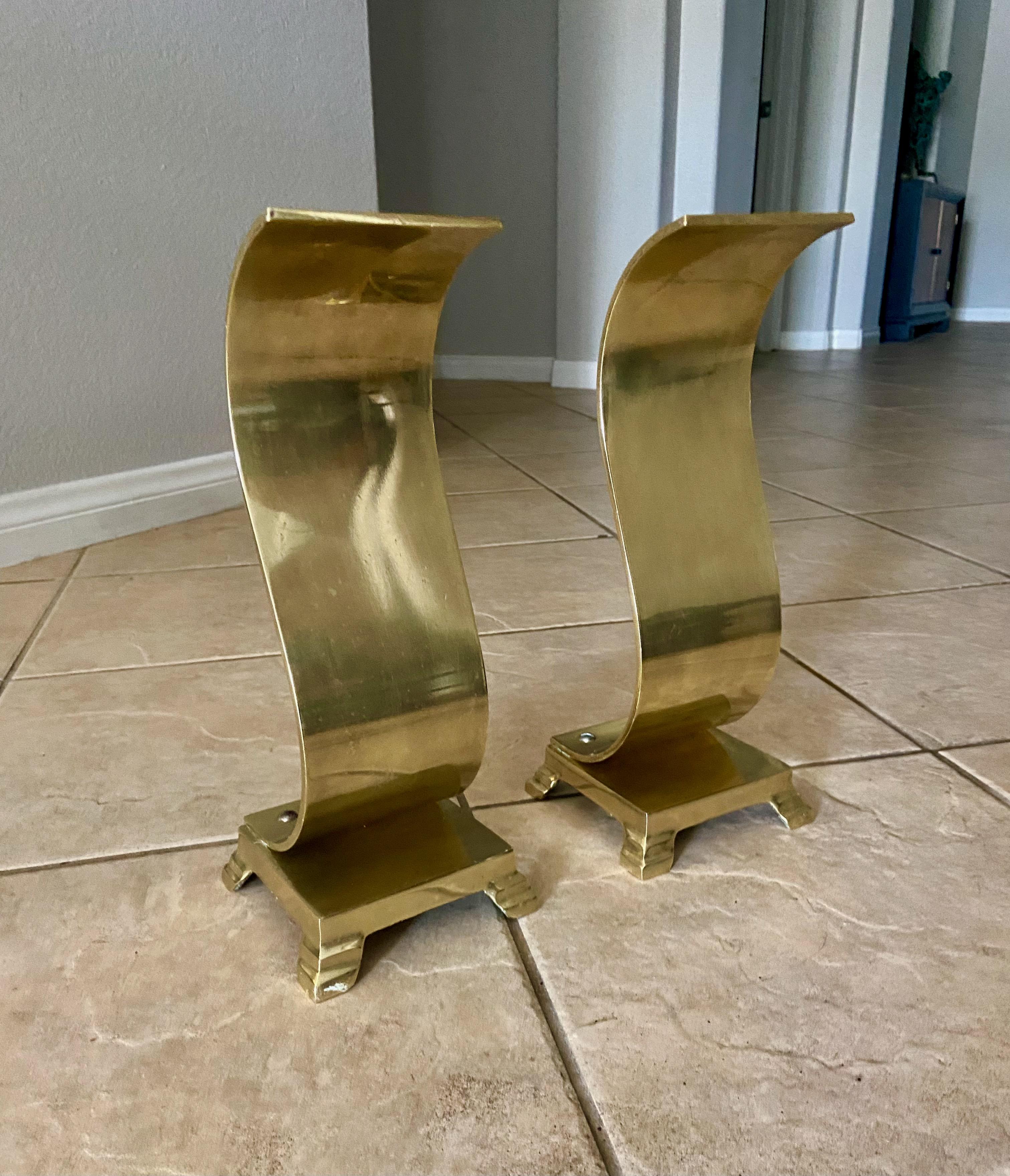 Late 20th Century Pair Brass Modern Scroll Andirons For Sale