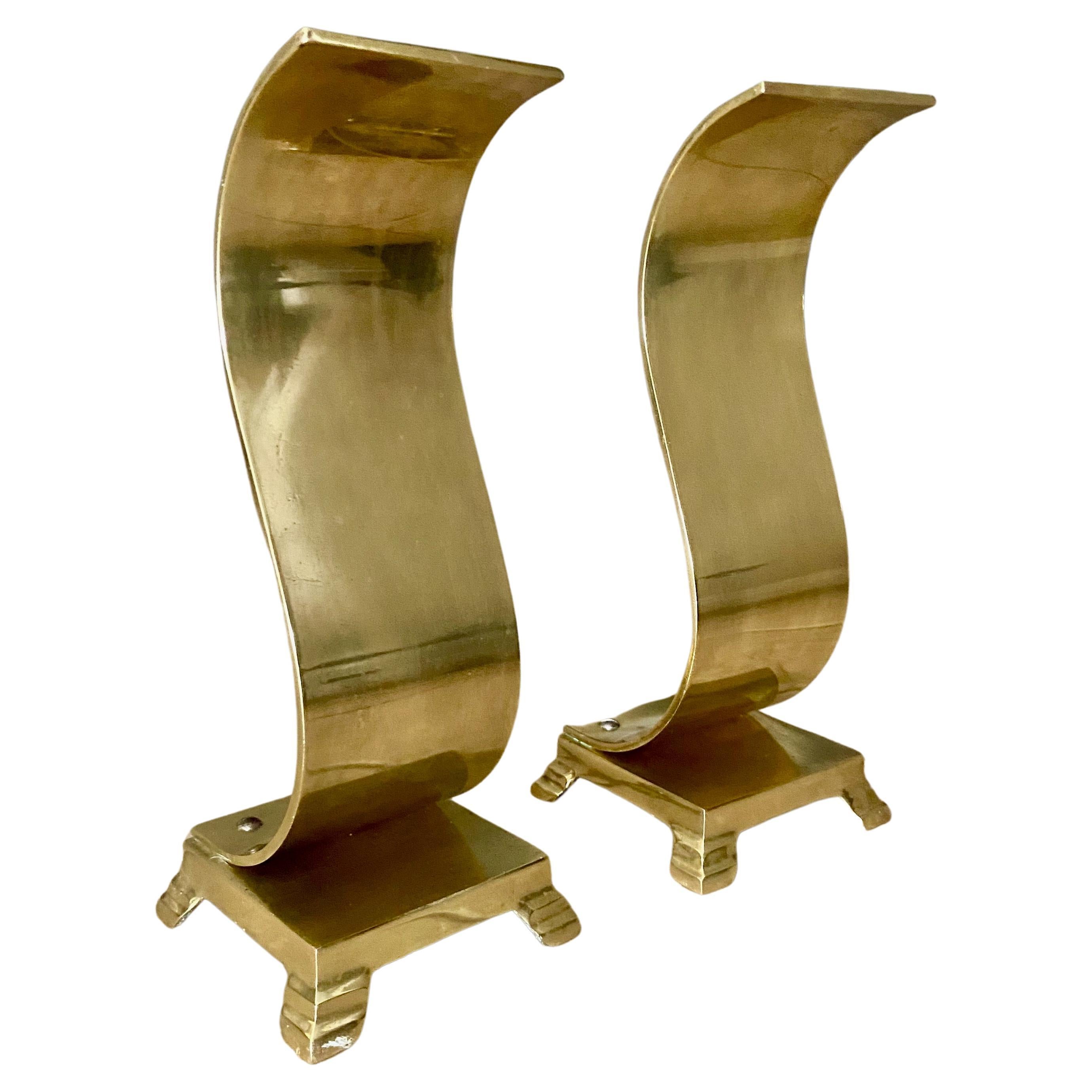 Pair Brass Modern Scroll Andirons