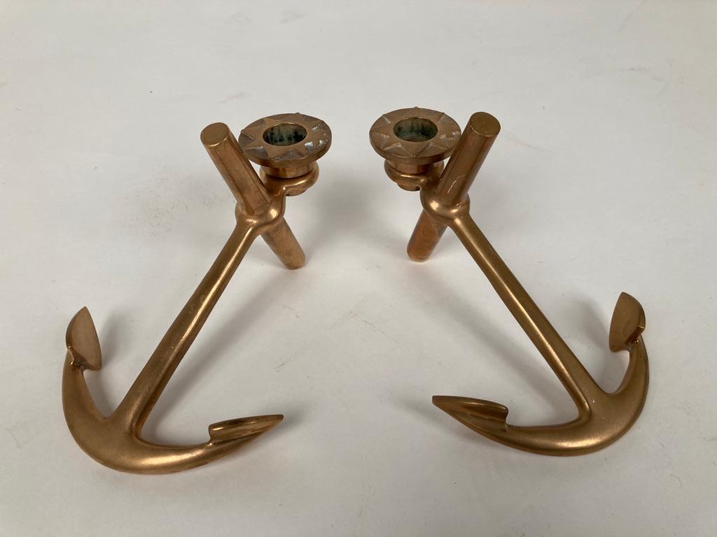 Pair of Brass Nautical Anchor Form Candlesticks 4
