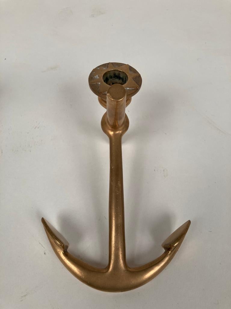 American Pair of Brass Nautical Anchor Form Candlesticks