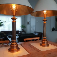 Pair of Brass Neoclassical Style Column Table Lamps with Shades, 1970s