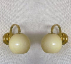Pair Brass Opaline Glass Wall Sconces Atributed to Paavo Tynell, Finland, 1950s