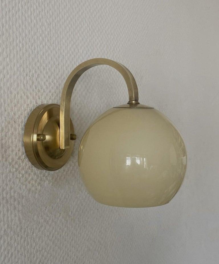 Pair Brass Opaline Glass Wall Sconces Atributed to Paavo Tynell, Finland, 1950s In Good Condition For Sale In Frankfurt am Main, DE