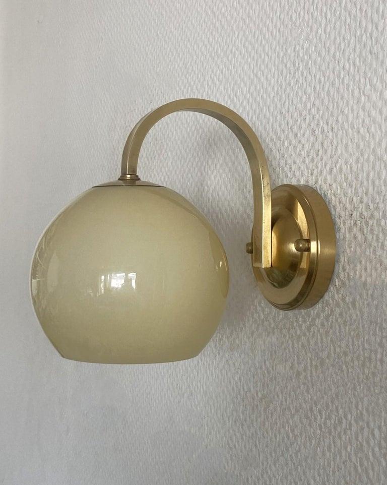 20th Century Pair Brass Opaline Glass Wall Sconces Atributed to Paavo Tynell, Finland, 1950s For Sale