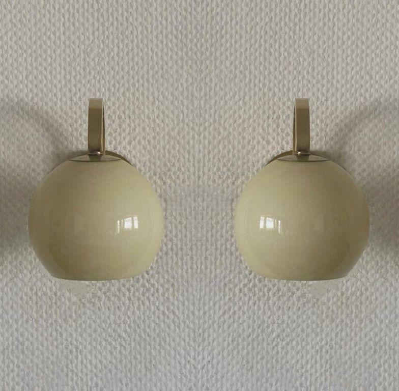 Pair Brass Opaline Glass Wall Sconces Atributed to Paavo Tynell, Finland, 1950s For Sale 1