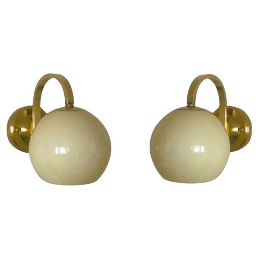 Pair Brass Opaline Glass Wall Sconces Atributed to Paavo Tynell, Finland, 1950s For Sale