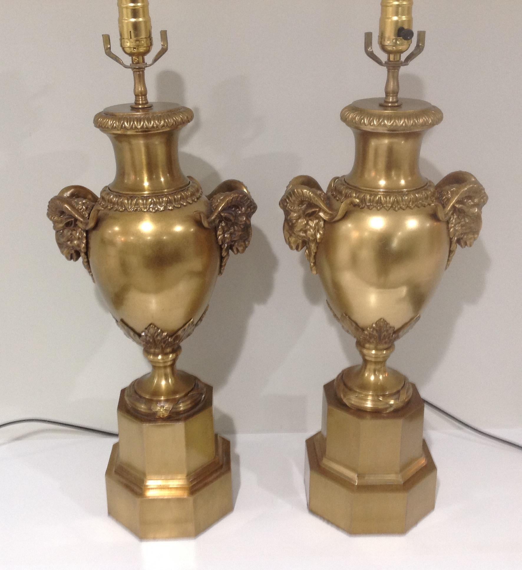 Amazing pair of Maitland Smith lamps with applies rams head decoration. Very stylish and decorative pieces that would enhance any high end interior. 

For over four decades, Maitland-Smith has been creating exquisite and unique decorative